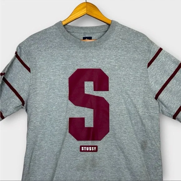 Vintage Stussy Sweatshirt Mens Large Gray Big S Logo Print Striped Sleeve Preppy - Picture 3 of 13